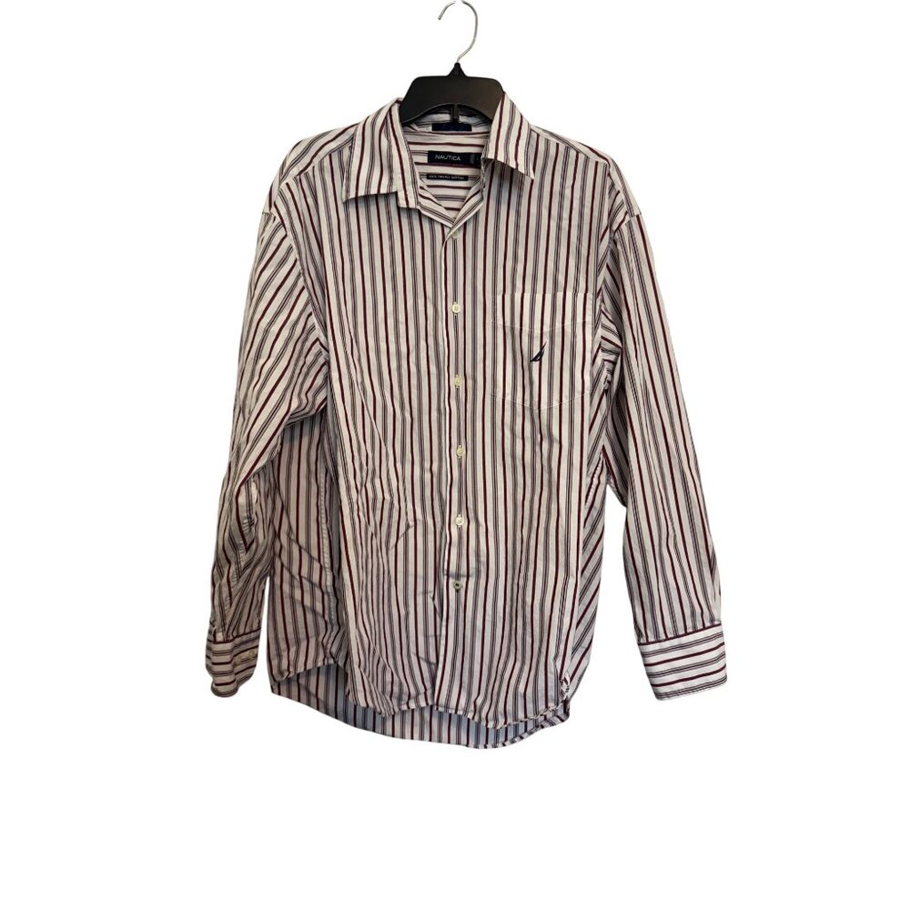 Nautica Button-Up Long Sleeve Shirt Mens Large White & Red Striped Cotton